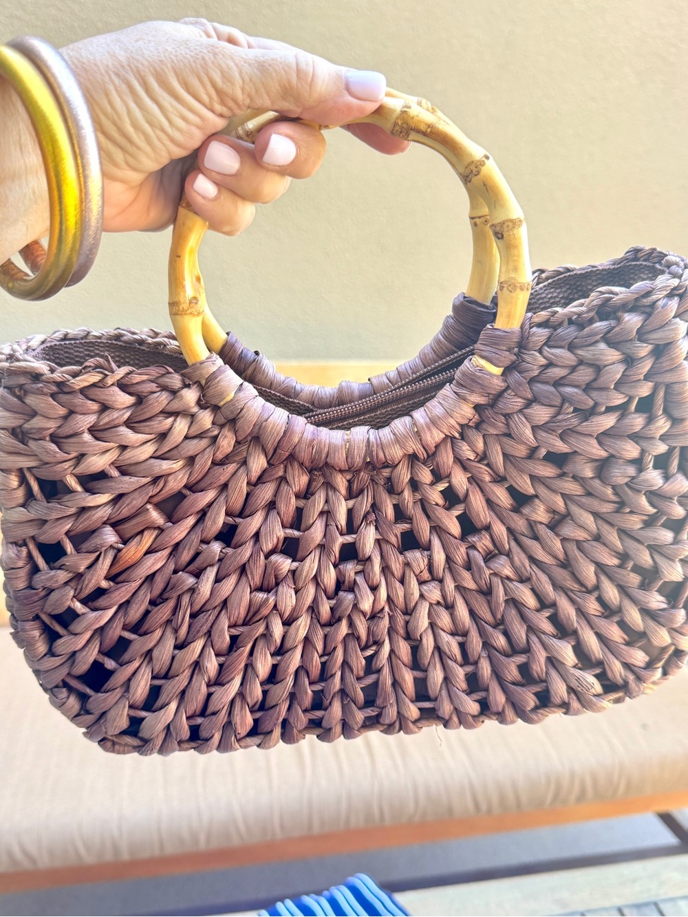 White Stag Woven Straw Bag Bamboo Handle Coastal Grandma Purse NWOT